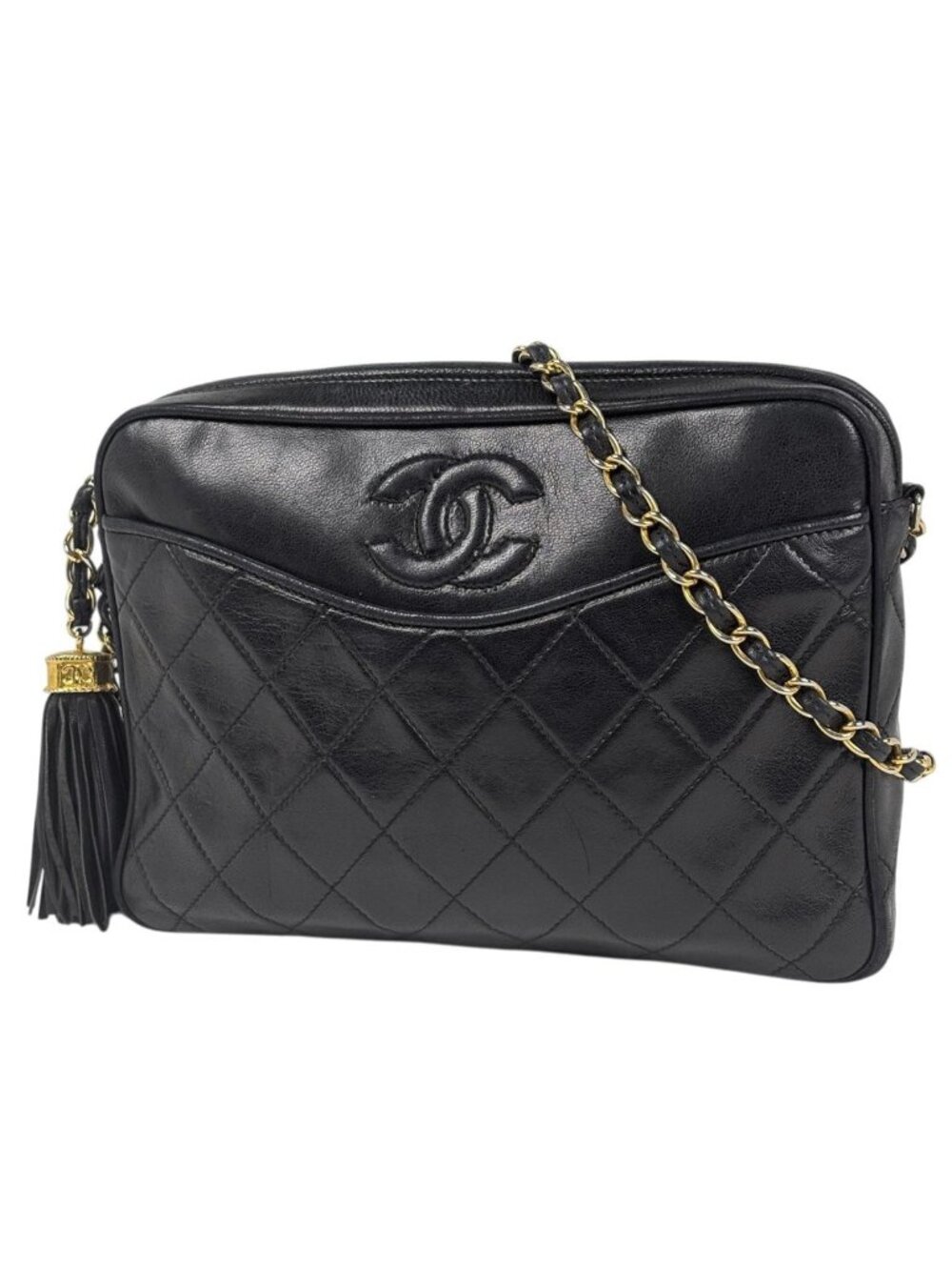 Chanel CC Logo Chain Shoulder Bag Quilted Fringe Leather Black